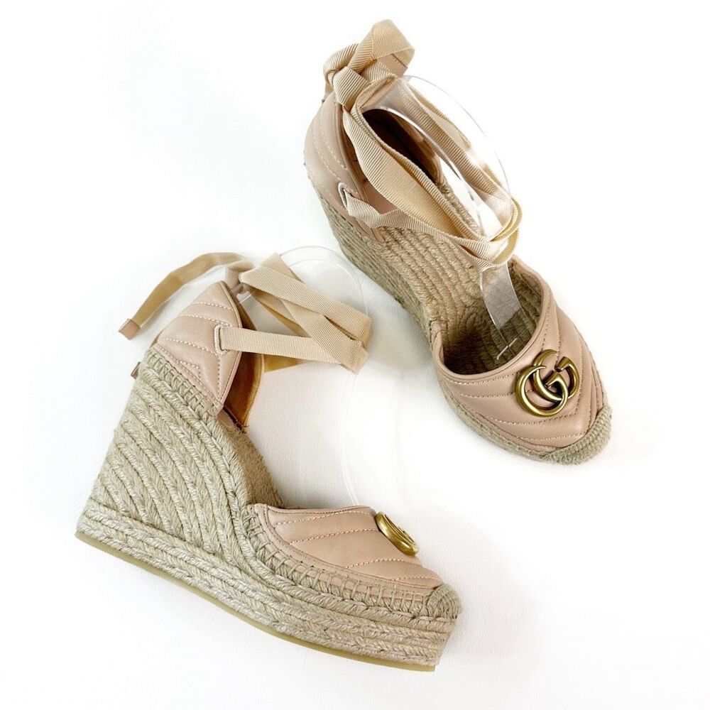 Gucci Beige Leather Espadrille Wedge Sandals with Gold GG